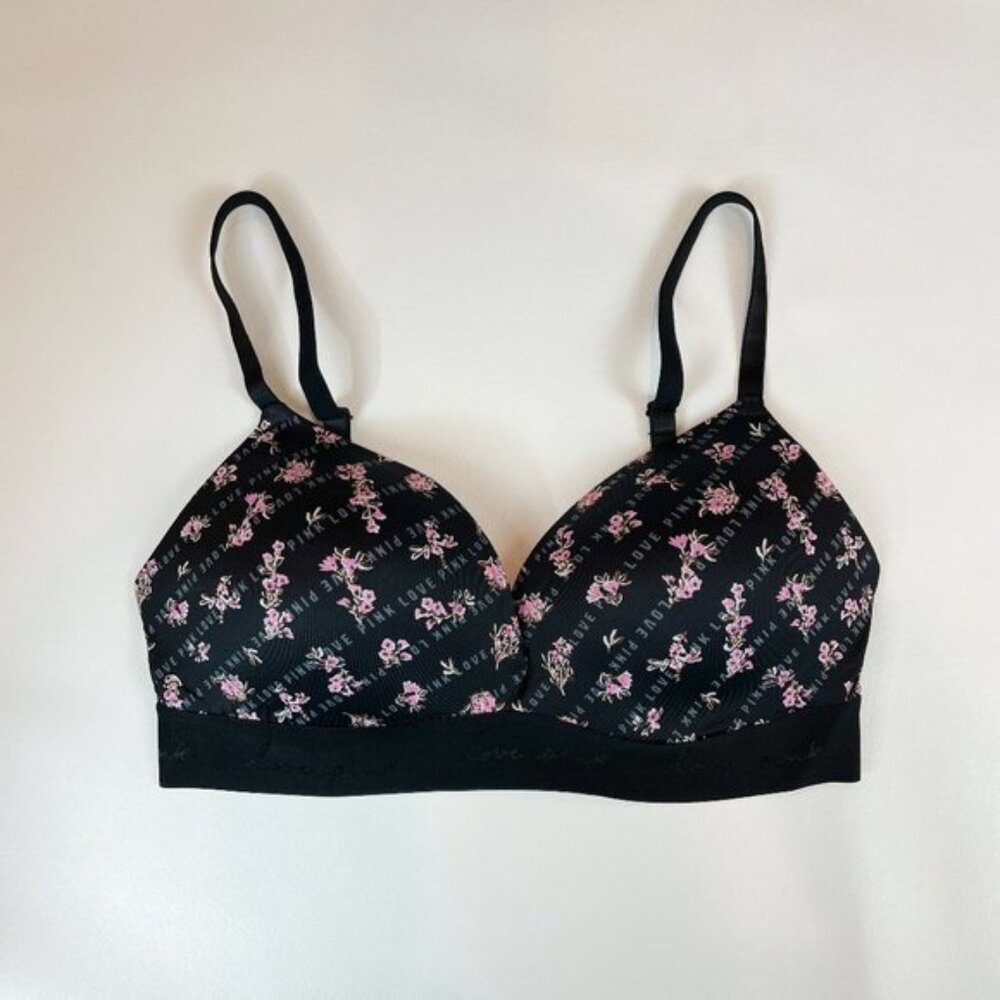 NWOT Victoria's Secret PINK Bra 34D Wear Everywhere Wireless Push Up Floral Logo